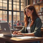 personal finance for college students - Young woman budgeting on a laptop at a campus coffee shop