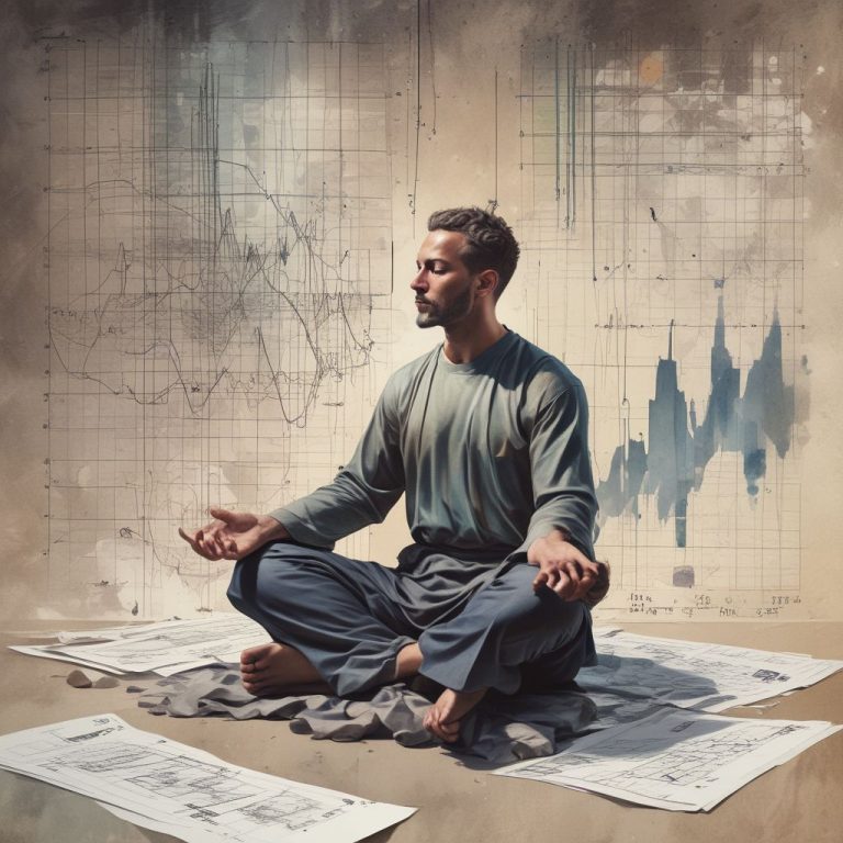 Navigating Financial Emotions Person practicing mindfulness surrounded by financial graphs, representing emotional control over money.