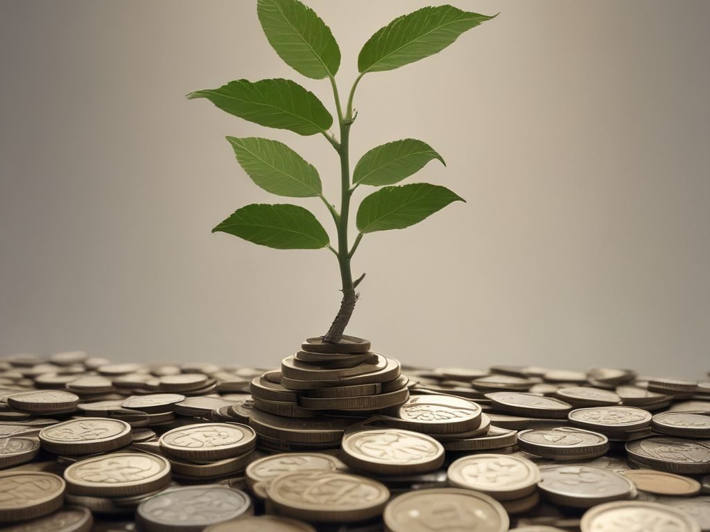 Save or Invest first? Investing concept with coins and small plant symbolizing financial growth