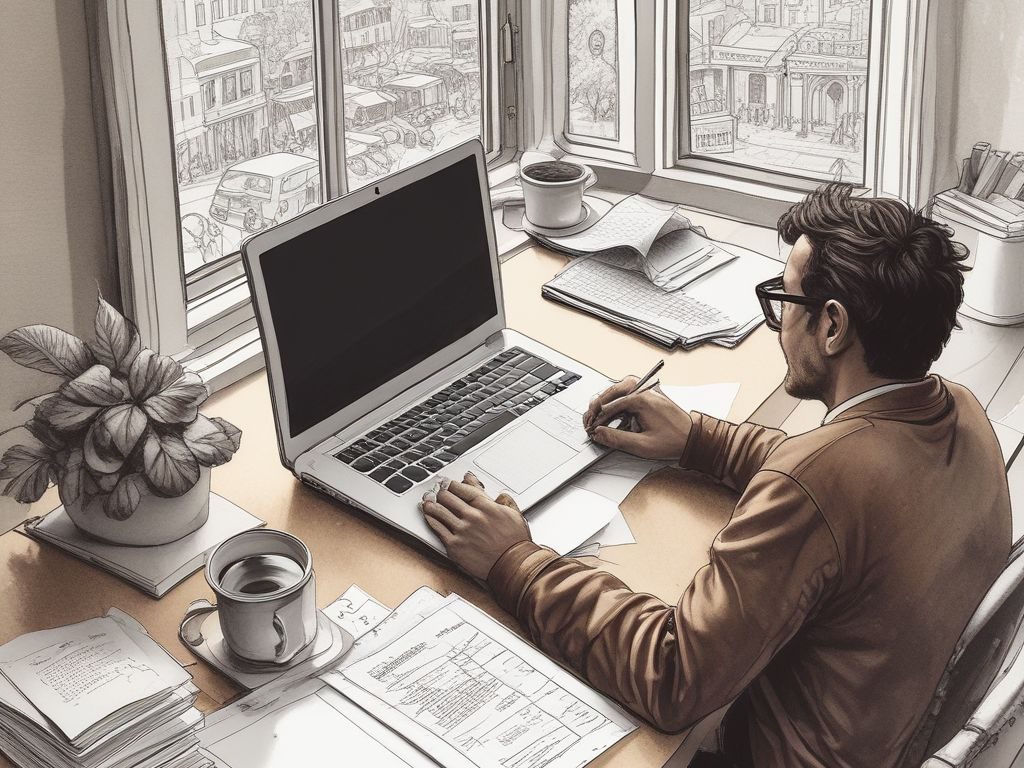 Blueprint to Budgeting Person creating a monthly budget using pen and laptop