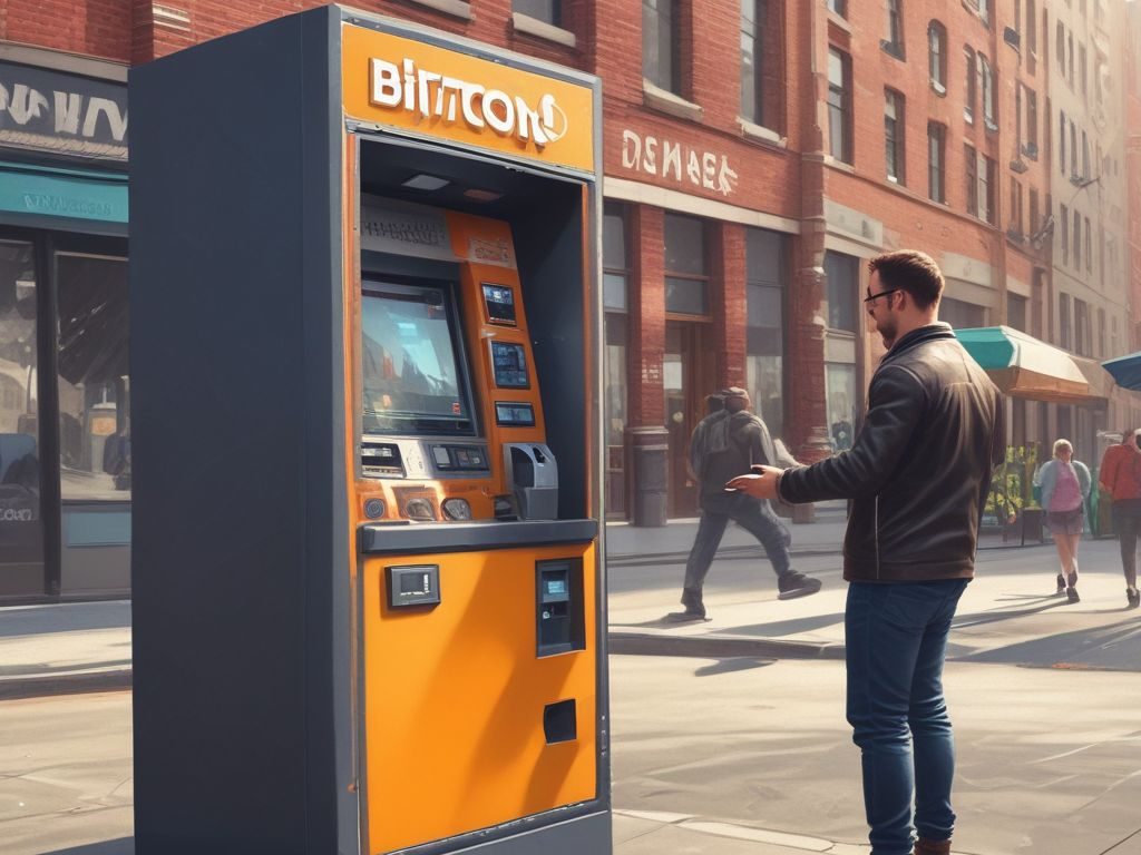User withdrawing cash from Bitcoin ATM machine in urban setting – essential crypto guide 2025