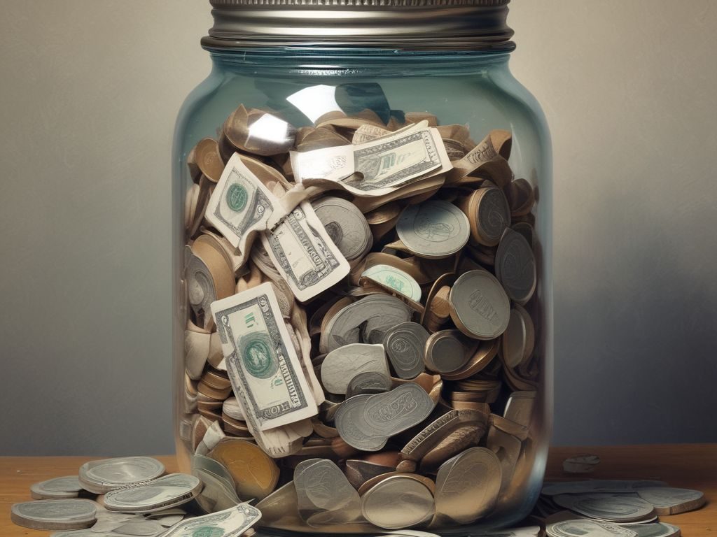 Navigating Financial Emotions Jar  “Emergency Fund” cash and coins,  savings unexpected expenses.