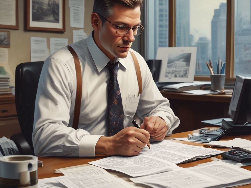 Small Business Financial Management Business owner reviewing financial reports in an office.