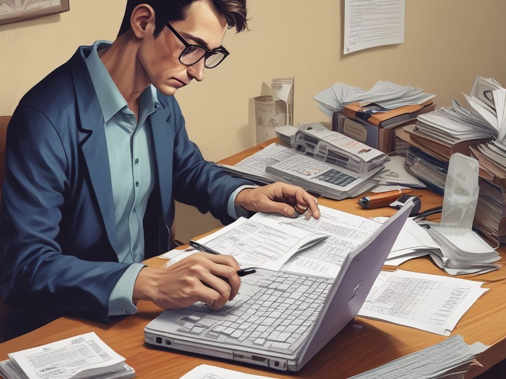 Small Business Financial Management Person calculating taxes with laptop and paperwork.